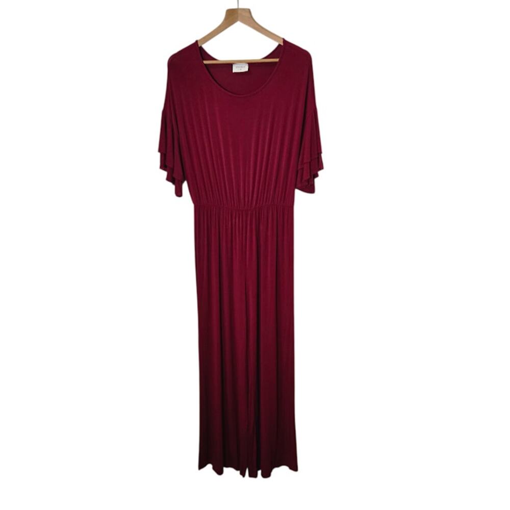 Everly Womens Knit Jumpsuit Size Large Red Ruffle Sleeves Wide Leg Casual